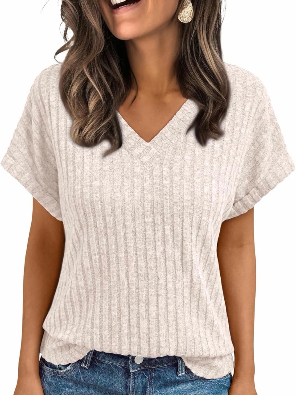 V-Neck Short Sleeve Knit Top in Cream/Oatmeal
